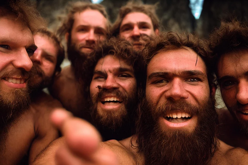 Cavemen taking a group selfie
