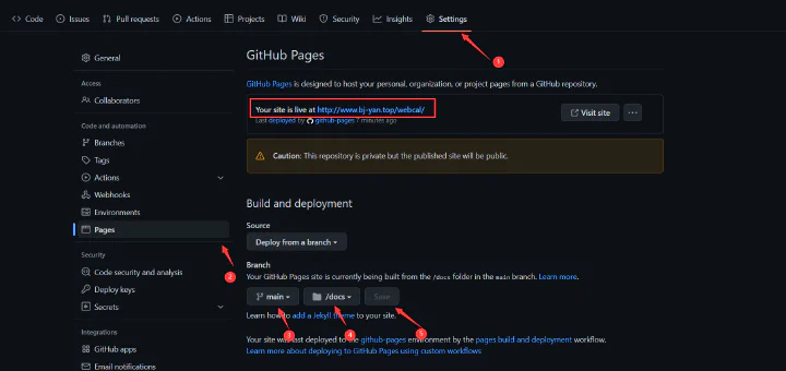 GitHub Pages hosting configuration for course schedules