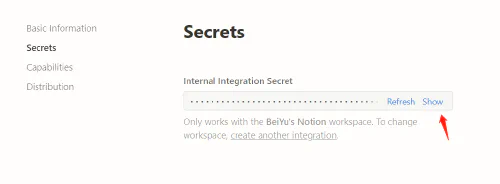 Notion integration key settings interface