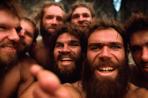 Cavemen taking a group selfie
